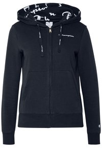 Felpa nera con zip e cappuccio foderato, caratterizzata da un motivo con logo bianco, tasche anteriori e coulisse. Realizzata in tessuto morbido e testurizzato.