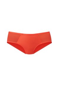 Red hipster briefs made from smooth, stretchy fabric. Features a seamless design with moderate coverage and a soft, elastic waistband.