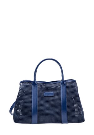 Marineblaues Netzhandtasche mit glatten Lederakzenten, doppelten oberen Griffen und rechteckiger Form. Zeigt ein strukturiertes Netzmuster und ein Logo-Patch.