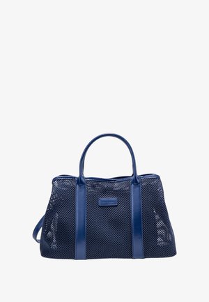 Navy mesh handbag with smooth leather accents, dual top handles, and a rectangular shape. Features textured mesh pattern and logo patch.