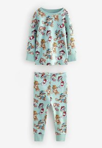 Ljusblå pyjamasset med tecknade valpar. Överdelen har långa ärmar; byxorna har resårmidja. Materialet är mjukt och har lekfulla mönster.