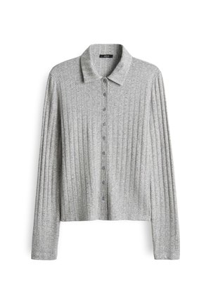 Light gray long-sleeve cardigan with a ribbed texture, collared neckline, and front button closure. Smooth fabric with even pattern throughout.