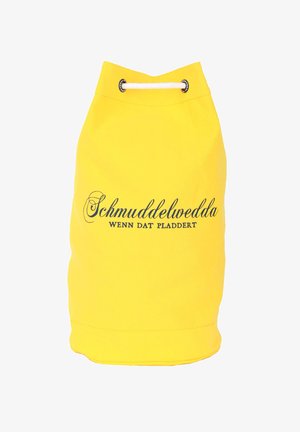 Geltonas raištelių maišelis, pagamintas iš patvarios medžiagos, su juodu logotipu "Schmuddelwedda WENN DAT PLADDERT", esančiu centre priekyje.