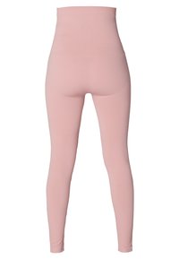 Leggings taille haute en rose faits de matériau côtelé, avec une texture lisse et une coupe ajustée qui se resserre au niveau de la cheville.