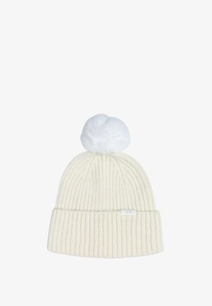 Berretto a maglia a coste color crema con un pompon bianco sopra e un piccolo etichetta sul davanti. Texture morbida e forma flessibile.