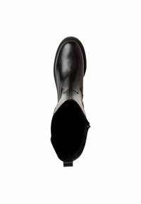 Botte de cheville en cuir noir avec une finition lisse, bout arrondi, fermeture éclair sur le côté, sans motifs ni embellissements visibles.