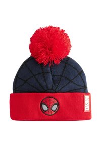 Le bonnet tricoté présente une couronne bleue avec un motif de toile d'araignée, un revers rouge, et un pompon. L'avant affiche l'emblème de Spider-Man et une étiquette "MARVEL".