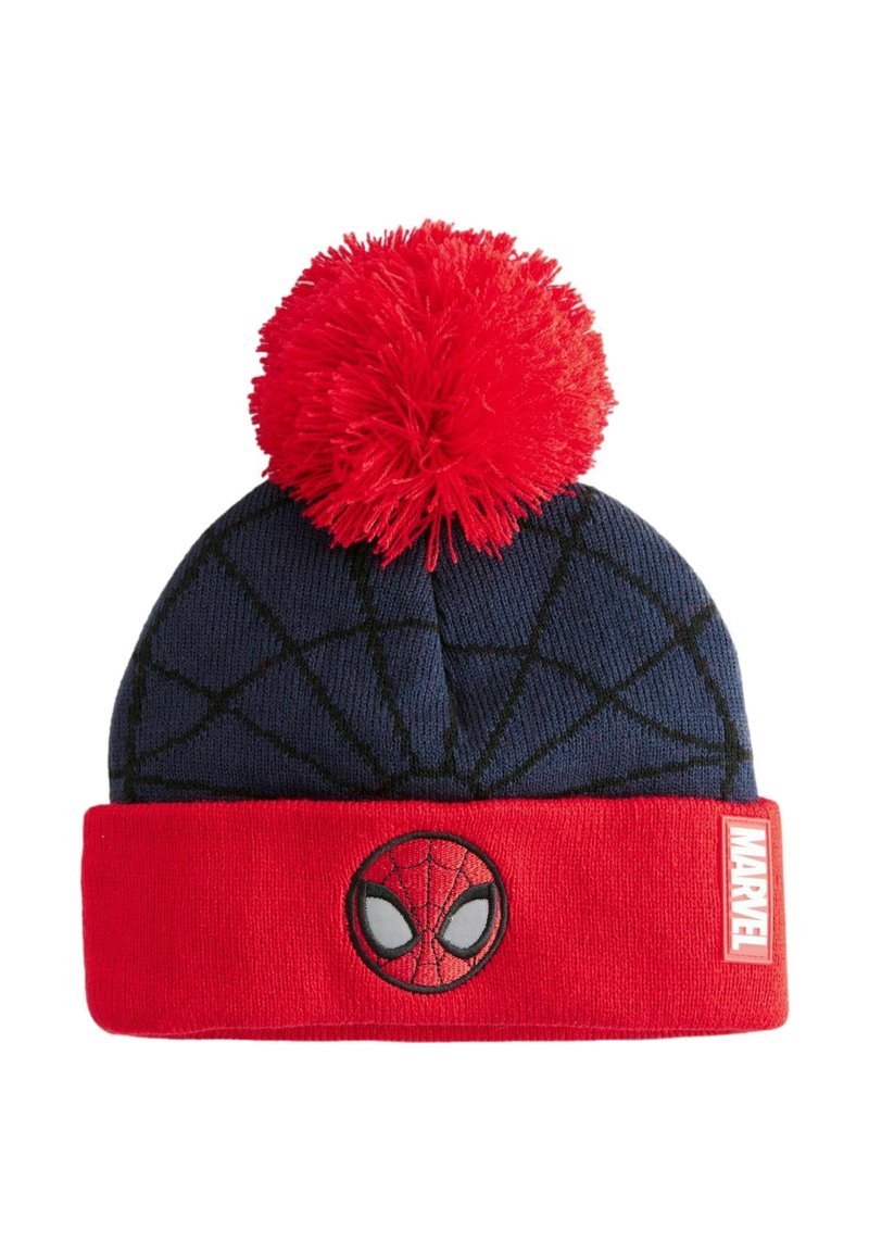 Le bonnet tricoté présente une couronne bleue avec un motif de toile d'araignée, un revers rouge, et un pompon. L'avant affiche l'emblème de Spider-Man et une étiquette "MARVEL".