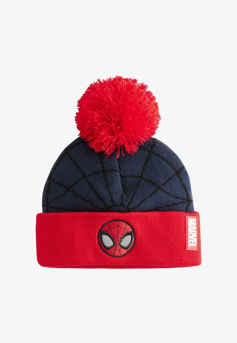 Temno modra in rdeča pletena kapa z rdečo cofko, črnim vzorcem trakov, obližem s Spidermanovim obrazom in logotipom Marvel na manšetni.