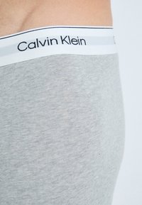 Boxer shorts de algodón gris con una textura suave, que cuentan con una cinturilla blanca con rayas grises y el logo de "Calvin Klein" en negro.