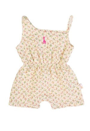 Cream floral baby romper with pink giraffe embroidery, elastic waist, one shoulder strap, and snap closures at the crotch.
