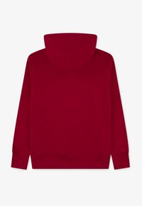 Red hoodie made of soft fabric, featuring a lined hood, long sleeves, and ribbed cuffs and hem. Smooth texture with no additional details.