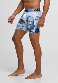 Herre boksershorts med et lyseblått og hvitt dollarbil mønster, med en blå midje og tettsittende design.