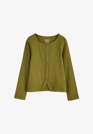 Cardigan côtelé vert olive à manches longues avec cinq boutons devant et un petit détail de superposition à l'ourlet.