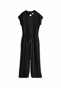Zwarte jumpsuit met korte mouwen, elastische taille, koord en een sleutelgatdetail aan de achterkant. Gemaakt van zachte, rekbare stof. Geen zichtbare patronen.