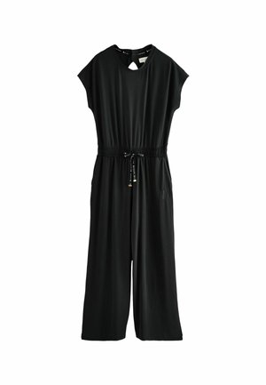 Zwarte jumpsuit met korte mouwen, elastische taille, koord en een sleutelgatdetail aan de achterkant. Gemaakt van zachte, rekbare stof. Geen zichtbare patronen.