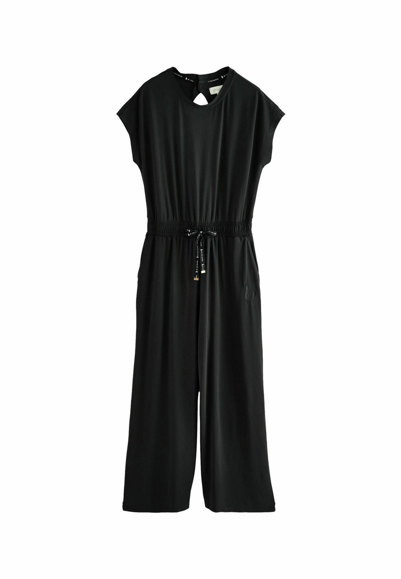 Zwarte jumpsuit met korte mouwen, elastische taille, koord en een sleutelgatdetail aan de achterkant. Gemaakt van zachte, rekbare stof. Geen zichtbare patronen.