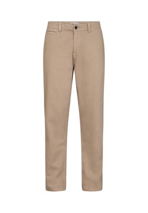 Beige cottonmix bukser med lige pasform, der har forlommer og en enkelt knaplukning. Glat tekstur og rene kanter.