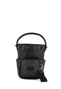 Borsa a tracolla nera trapuntata con manico arrotondato, accessori in oro e tasca frontale. Materiale testurizzato con una finitura elegante e dettaglio del logo.
