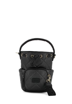 Borsa a tracolla nera trapuntata con manico arrotondato, accessori in oro e tasca frontale. Materiale testurizzato con una finitura elegante e dettaglio del logo.