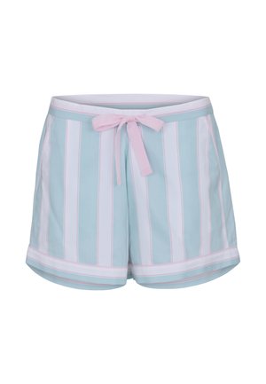 Light blue shorts with vertical white and pink stripes, featuring a pink drawstring tie at the waist and cuffed hems.