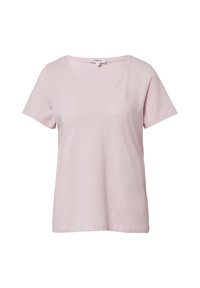 Jasnoróżowy bawełniany t-shirt z dekoltem w serek, krótkimi rękawami i luźnym krojem. Gładka tkanina i minimalne szwy. Nadaje się do codziennego noszenia.