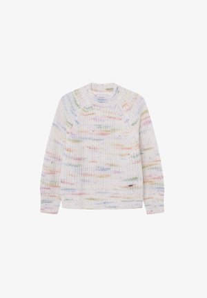 Sweter dzianinowy z teksturowanym wzorem w pastelowych kolorach, okrągłym dekoltem i prążkowanymi mankietami, wykonany z miękkiego materiału włóczkowego.