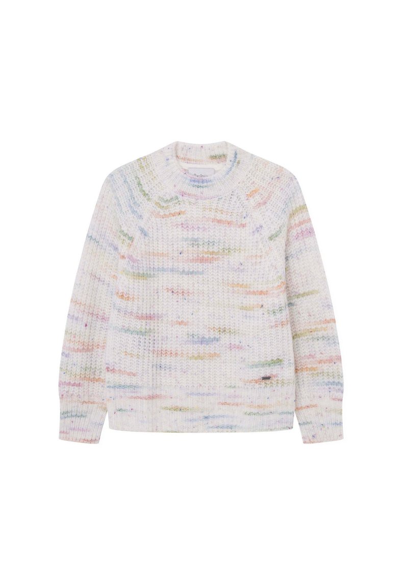 Sweter dzianinowy z teksturowanym wzorem w pastelowych kolorach, okrągłym dekoltem i prążkowanymi mankietami, wykonany z miękkiego materiału włóczkowego.