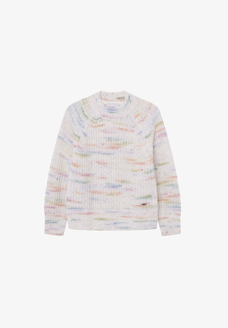 Sweter dzianinowy z teksturowanym wzorem w pastelowych kolorach, okrągłym dekoltem i prążkowanymi mankietami, wykonany z miękkiego materiału włóczkowego.