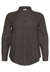 Chemise à manches longues gris foncé avec col, dotée d'un devant boutonné et d'un ourlet arrondi. Fabriquée en tissu léger et texturé.