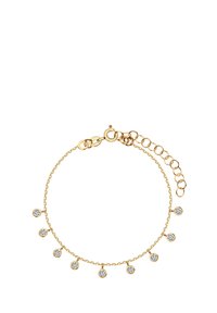 Złocony bransoletka z wieloma małymi przezroczystymi kryształkami wzdłuż delikatnego łańcuszka. Zawiera zapięcie na homara oraz regulowany ogniwowy łańcuszek.