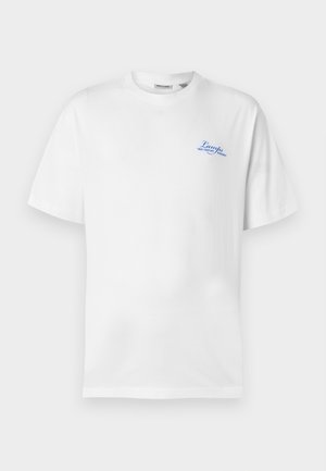 White short-sleeve T-shirt with blue "Lamps Mid Century Modern" text logo on left chest and a round neckline.