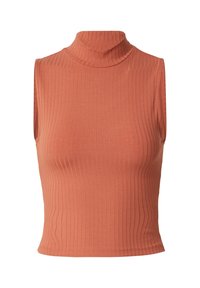Sleeveless turtleneck top in rust orange, made of ribbed fabric, featuring a fitted shape and smooth texture with a clean hem.