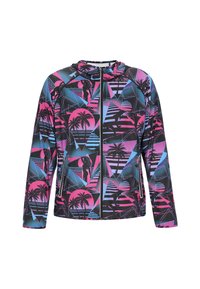Jachetă cu glugă, având un model geometric colorat în roz, albastru și negru, cu detalii de palmieri; realizată dintr-un material ușor.