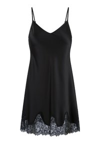 Abito nero senza maniche con sottili spalline regolabili, scollatura a V e bordo in pizzo scallopato. Tessuto morbido.