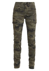 Kamouflage cargobyxor i olivgrön och svart, med två sidofickor, slim fit och en klassisk femfickorsdesign.