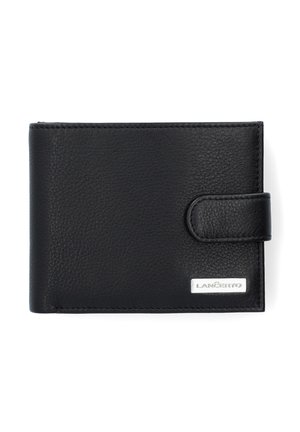 Czarny portfel ze skóry z fakturowaną powierzchnią, otwierany na dwa skrzydła, z zapięciem na guzik i srebrnym logo z przodu.