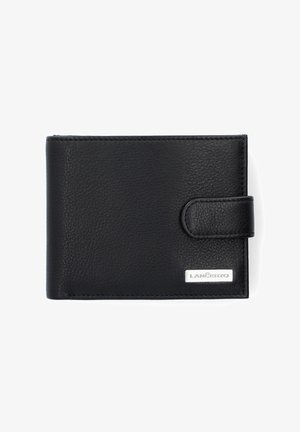 Czarny portfel ze skóry z fakturowaną powierzchnią, otwierany na dwa skrzydła, z zapięciem na guzik i srebrnym logo z przodu.