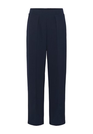 Pantalon bleu marine à coupe droite, fabriqué dans un tissu texturé. Comprend des plis avant et une taille élastique pour le confort.