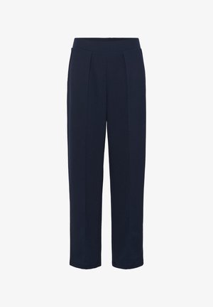 Tumed sinised sirged püksid, mis on valmistatud tekstureeritud kangast. Omavad ees pleateid ja elastset vöökohta mugavuse jaoks.