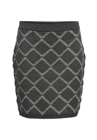 Jupe en tricot grise avec un motif en diamant, une finition texturée, une taille côtelée et une silhouette ajustée.