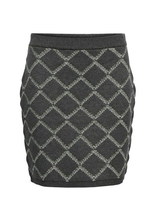 Grau gestrickter Rock mit einem Diamantmuster, strukturiertem Finish, geripptem Bund und taillierter Silhouette.
