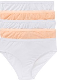 Cinque paia di mutande di cotone in bianco e arancione chiaro. I gomiti presentano un bordo ondulato. Le mutande hanno una vestibilità classica e una texture liscia.