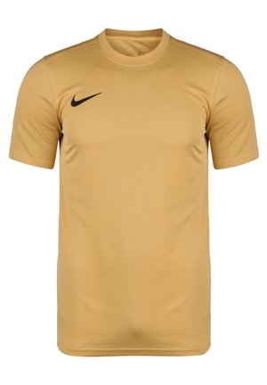 Złoty sportowy t-shirt z krótkim rękawem, czarnym logo Nike Swoosh na lewej piersi i okrągłym dekoltem.