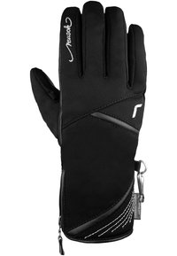 Guante de esquí negro con un diseño elegante, que cuenta con una muñequera con cremallera, tejido texturizado y sutiles acentos y logotipos en blanco. Duradero y funcional.