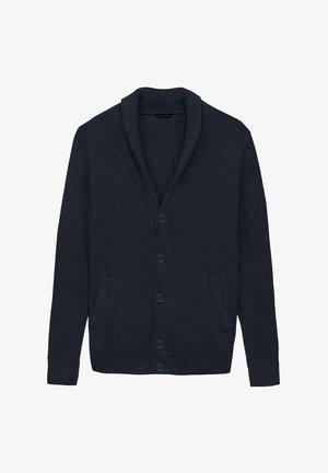 Granatowy, prążkowany kardigan z szalowym kołnierzem, pięcioma guzikami i dwiema przednimi kieszeniami. Tekstura dzianiny i jednolity kolor na całej powierzchni.