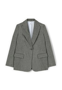 Szary żakiet z teksturowanej tkaniny, z pojedynczym zapięciem na guzik, klapami z wycięciem oraz dwiema przednimi kieszeniami. Podszyty jasną, prążkowaną podszewką.