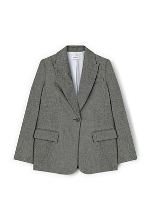 Szary żakiet z teksturowanej tkaniny, z pojedynczym zapięciem na guzik, klapami z wycięciem oraz dwiema przednimi kieszeniami. Podszyty jasną, prążkowaną podszewką.