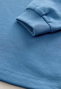 Helles blauer Baumwollpullover mit geripptem Bund, glatter Textur und flachem Saum mit fein genähten Details.