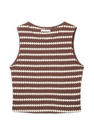 Top corto lavorato a maglia senza maniche a righe marroni e bianche, con scollo rotondo e motivo strutturato, taglia piccola.